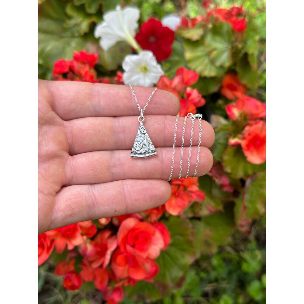 Sterling Silver 3D Oxidized Pizza Necklace, Silver 3D Slice of Pizza Necklace